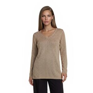 J McLaughlin Sweater Women's Size XS Tan Gold Metallic V Neck‎ Knit Pullover
